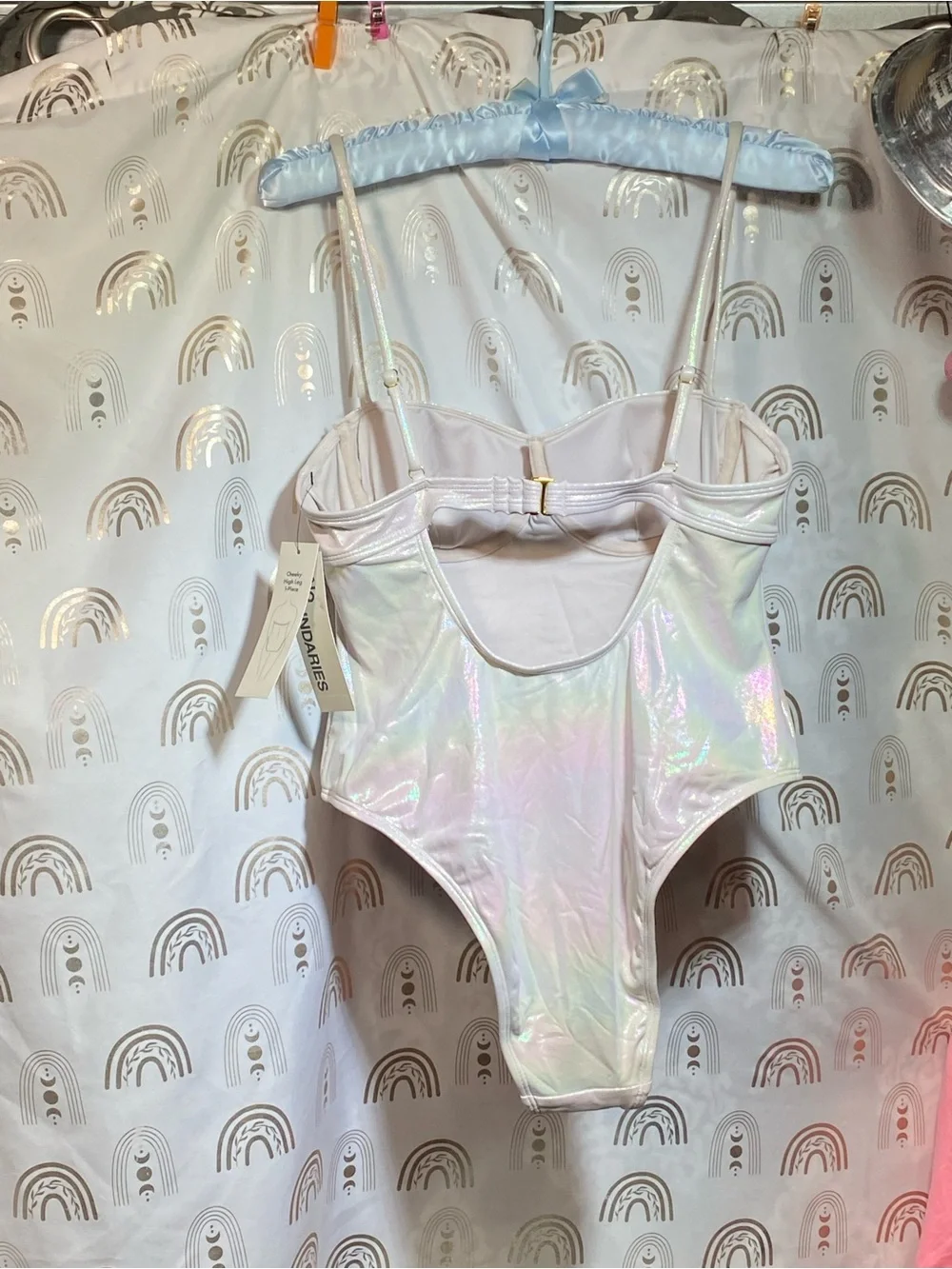 No Boundaries Iridescent Pastel One-Piece Bodysuit in Pearl Pink and Light Blue